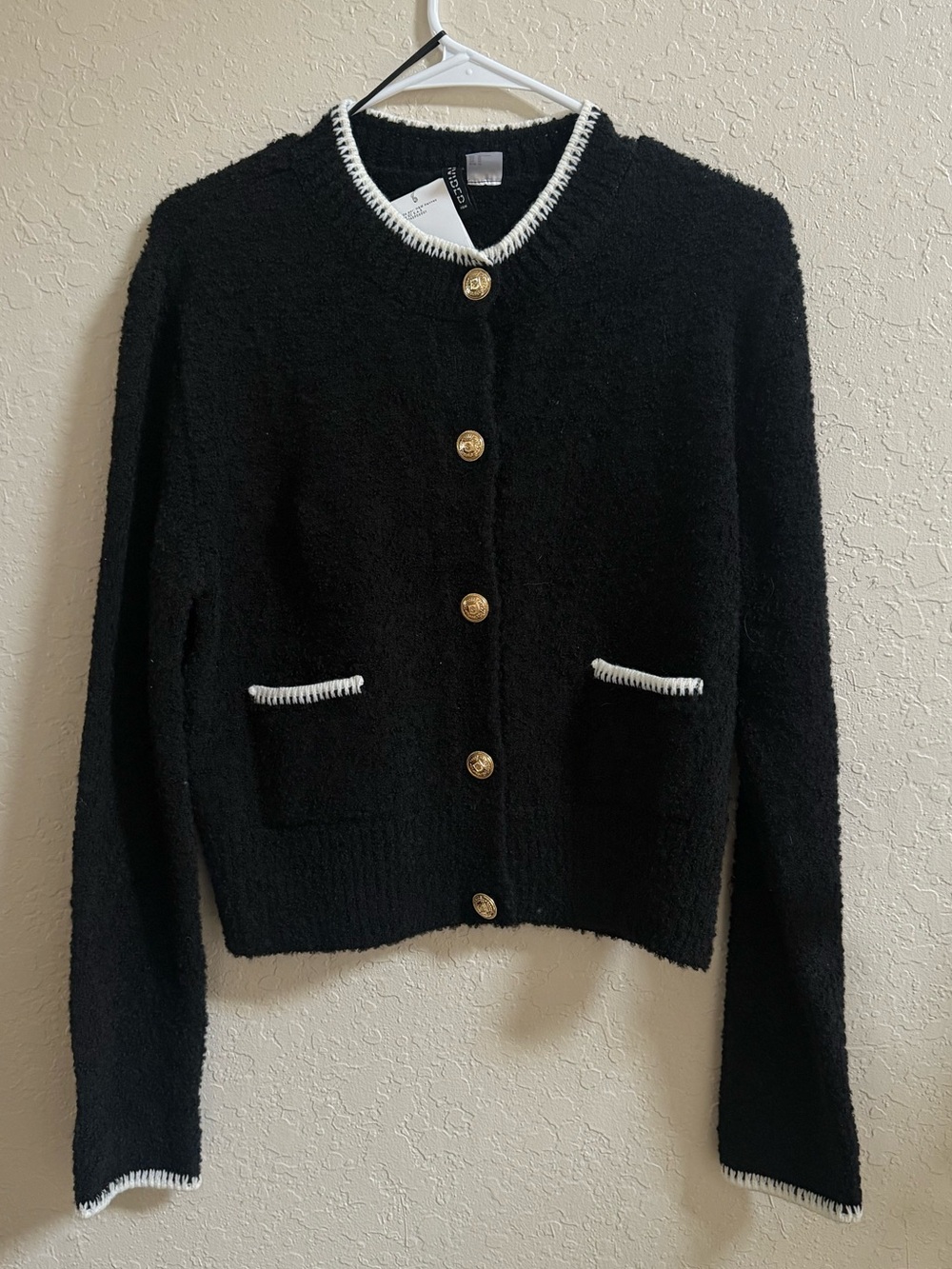 Black Knit Cardigan with Contrast Trim and Gold Buttons